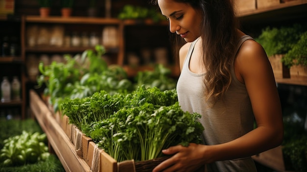 mujer joven comprando verduras orgánicas en un mercado