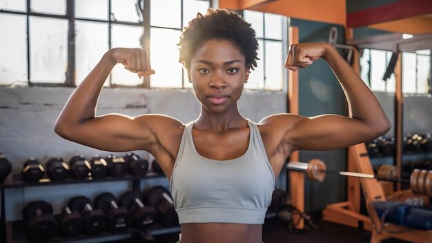 Foto mujer joven comprobando sus músculos