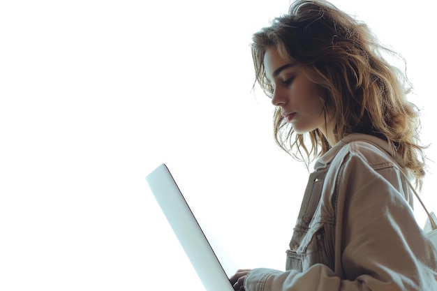 Foto mujer joven con computadora portátil en fondo blanco