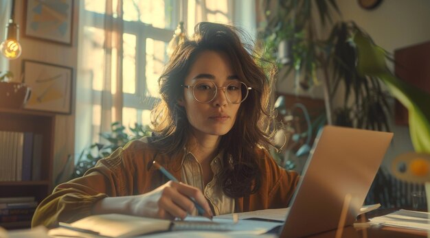 Mujer joven con computadora portátil en una habitación con plantas un espacio de trabajo acogedor