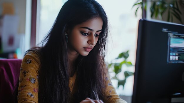 Mujer joven concentrada en estudiar en un escritorio con una computadora y vegetación cercana durante una sesión diurna