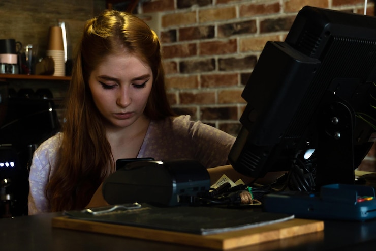 Foto mujer joven concentrada usando un teléfono inteligente durante el trabajo en un café