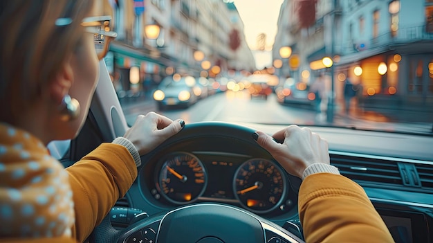 Una mujer joven conduciendo un coche en una calle de la ciudad por la noche