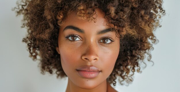 Mujer joven confiada con cabello rizado natural y piel impecable