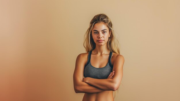 Foto mujer joven confiada de pie con los brazos cruzados contra un fondo neutral