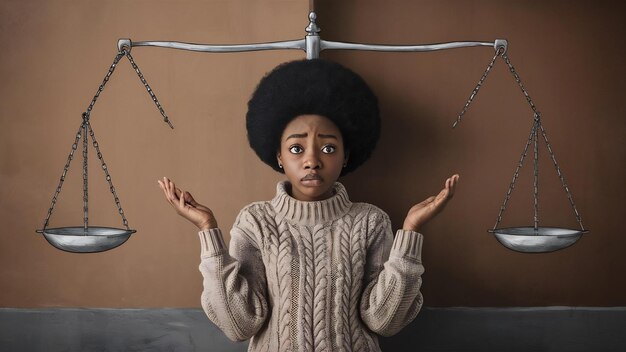 Foto mujer joven confundida con corte de pelo afro extiende las palmas y se enfrenta a un dilema tiene una elección difícil vestida