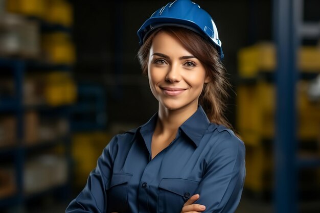 Mujer joven constructor en uniforme de construcción y casco de seguridad