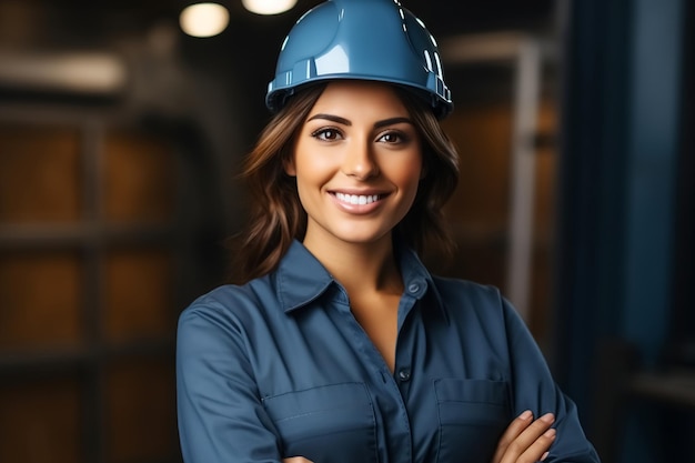 Mujer joven constructor en uniforme de construcción y casco de seguridad