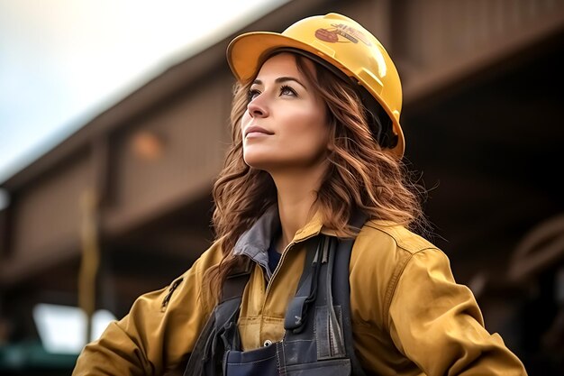 Mujer joven constructora con uniforme de construcción y casco de seguridad con vista lateral