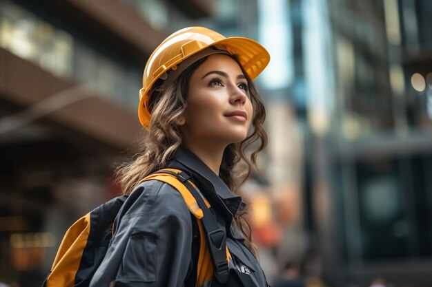 Mujer joven constructora con uniforme de construcción y casco de seguridad con vista lateral