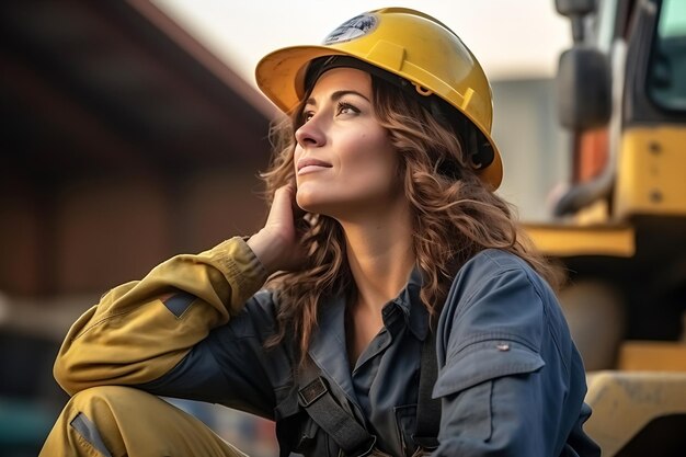 Mujer joven constructora con uniforme de construcción y casco de seguridad con vista lateral