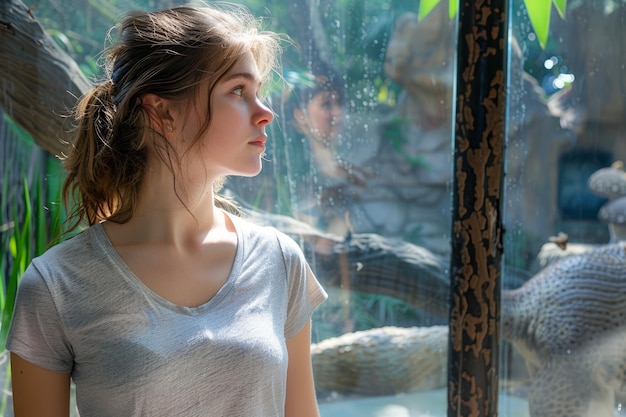 Mujer joven contemplando la naturaleza detrás de un vidrio mientras la luz del sol fluye a través del follaje