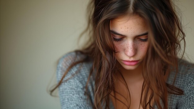 Mujer joven contemplativa con pecas mirando hacia abajo