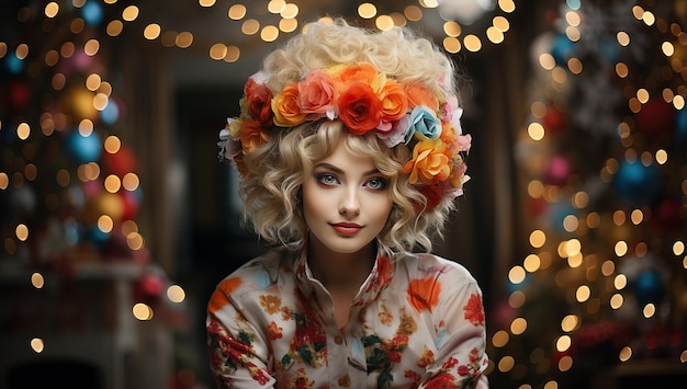 Mujer joven con corona de flores en la cabeza.