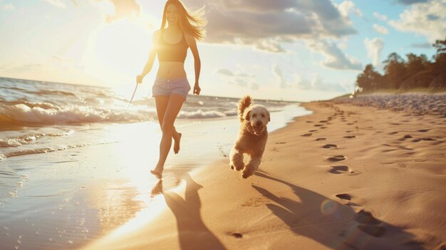 Una mujer joven corre con su perro en un día soleado en una costa de la playa