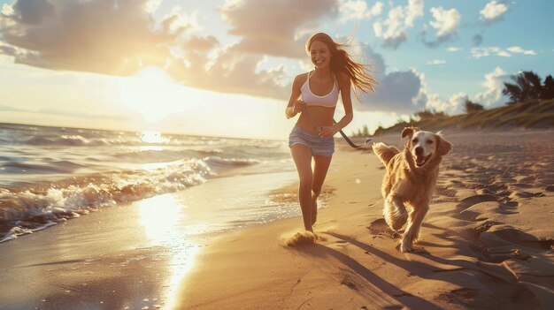 Una mujer joven corre con su perro en un día soleado en una costa de la playa