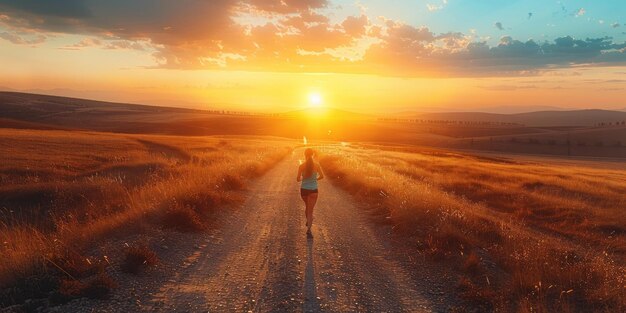 Foto mujer joven corriendo por una carretera rural al atardecer