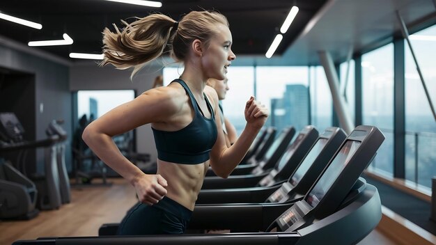 Mujer joven corriendo en una cinta de correr en el gimnasio