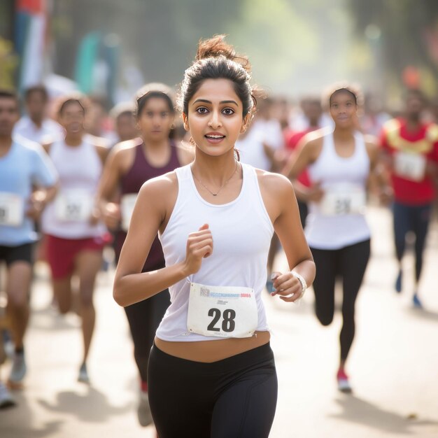 Foto mujer joven corriendo en el maratón