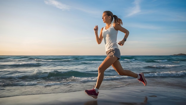 Mujer joven corriendo por la orilla