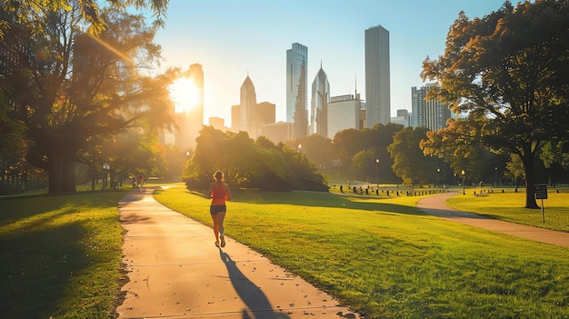 Foto una mujer joven está corriendo en un parque el sol está brillando a través de los árboles y proyectando sombras en el suelo