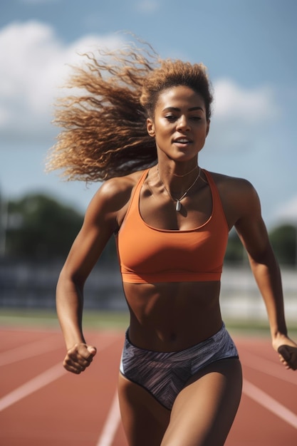 Una mujer joven corriendo en una pista creada con IA generativa