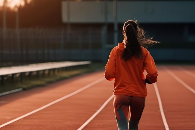 Una mujer joven corriendo en la pista del estadio Ilustración generativa de IA El concepto de un estilo de vida activo