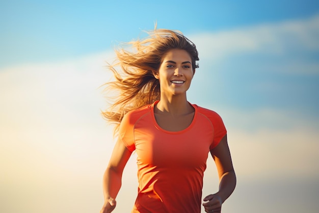 Mujer joven corriendo en la playa al amanecer Estilo de vida saludable