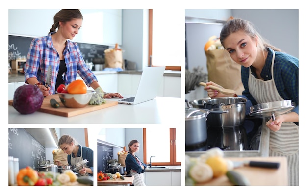 mujer joven, corte, vegetales, en, cocina, cerca, escritorio