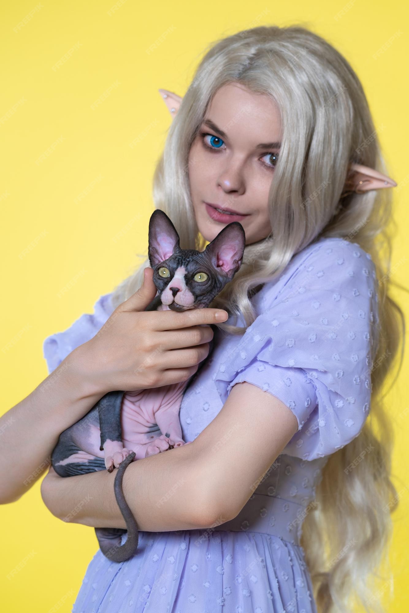 Mujer joven cosplay elfo en vestido azul de verano con cabello largo rizado rubio y ojos de diferente color ... | Foto Premium Mujer joven cosplay elfo en vestido azul de verano con cabello largo rizado rubio y ojos de diferente color ... | Foto Premium