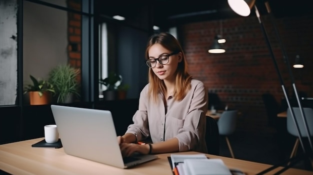 Mujer joven creativa de IA generativa que trabaja en una computadora portátil en su estudio