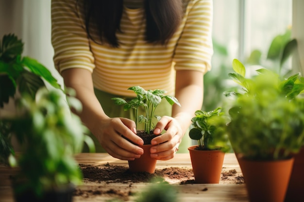 Mujer joven cuidando plantas en casa Jardinería en casa Riego de plantas por cuenta propia