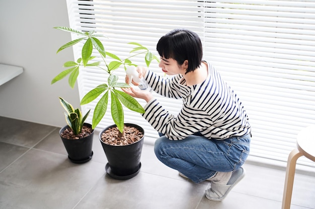 Mujer joven cuidando plantas de interior