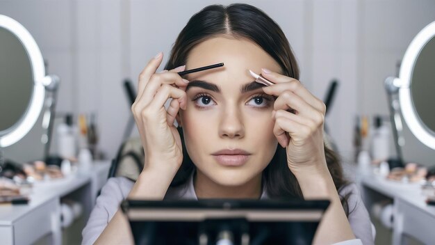 Mujer joven cuidándose las cejas.