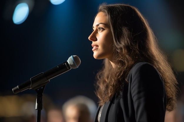 Mujer joven dando una charla en una conferencia en un escenario brillante con IA generativa