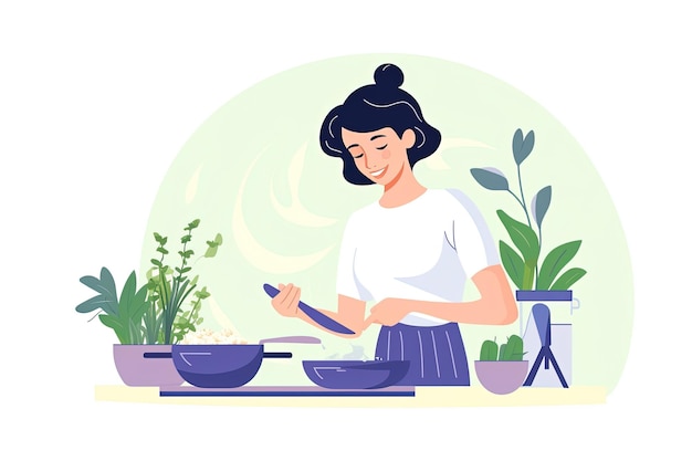 mujer joven con delantal cocinando en fondo blanco Ilustración plana de dibujos animados