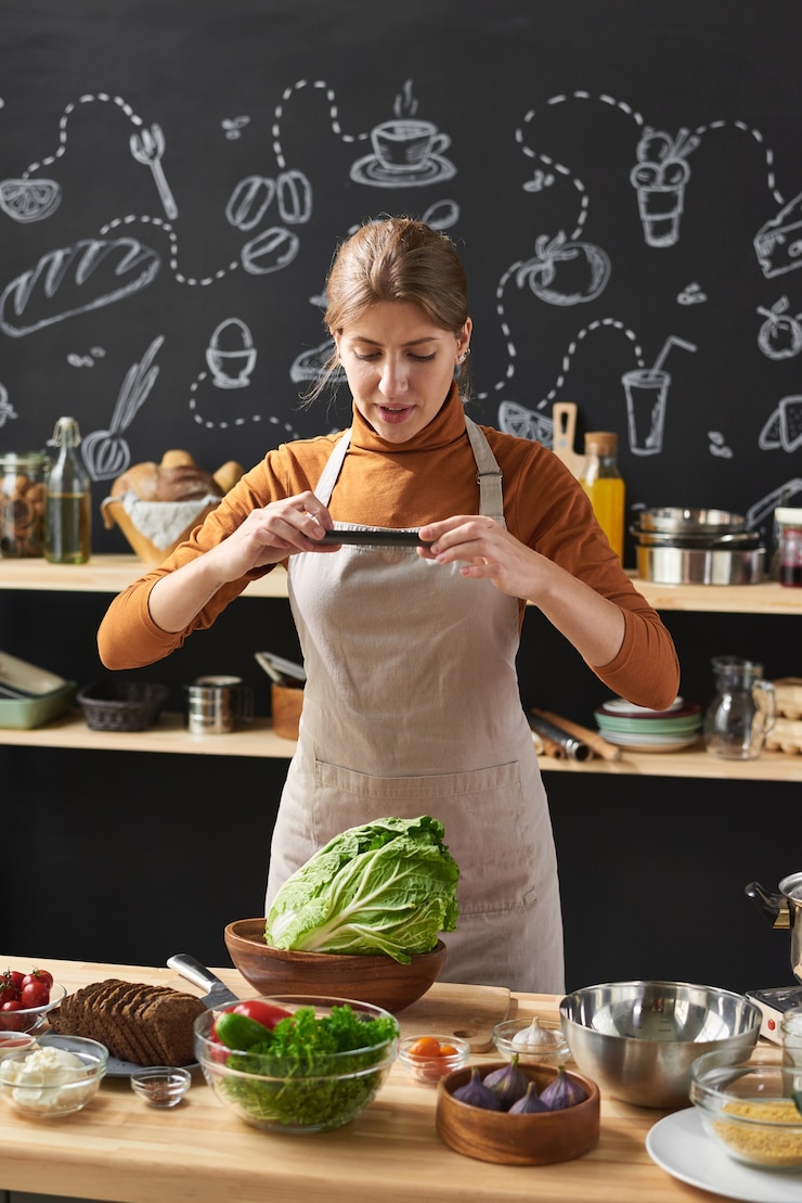 Foto mujer joven en delantal haciendo fotos de verduras frescas en un tazón en su teléfono móvil de pie en la cocina