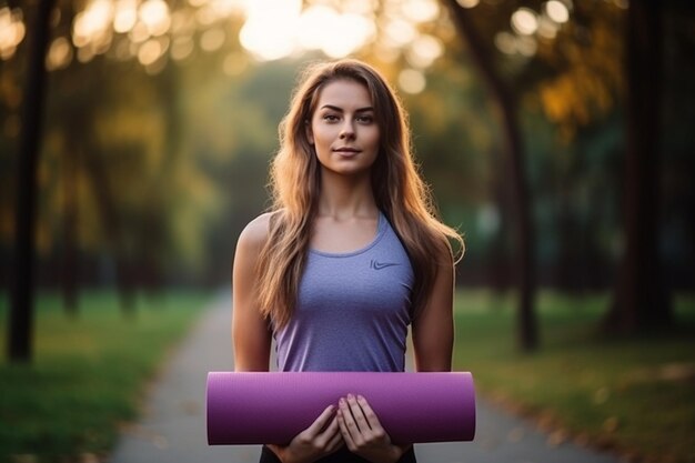 Foto mujer joven deportiva hace ejercicios de yoga con una alfombra de yoga en el concepto de estilo de vida activo al aire libre del parque