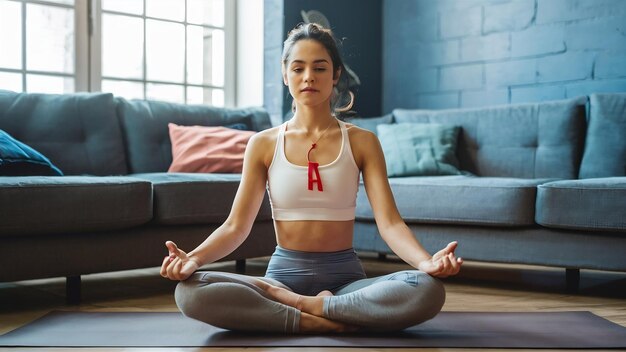 Mujer joven deportiva que toma clases de yoga en línea y practica en casa