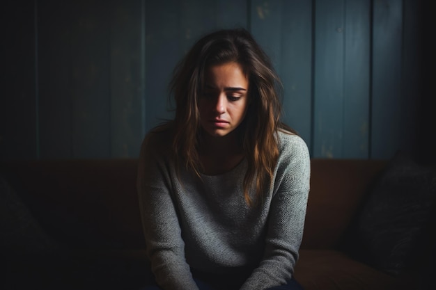 Mujer joven deprimida en el fondo de una habitación poco iluminada con espacio vacío para el texto