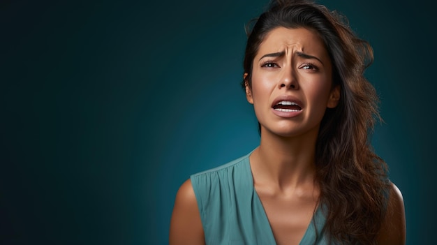 Mujer joven deprimida llorando sobre un fondo azul