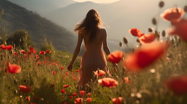 Mujer joven descalza caminando por el campo de flores de amapola imagen generada por IA