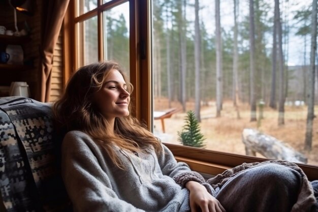 Mujer joven descansando en una hermosa casa de campo o hotel sentada en el alféizar de la ventana disfrutando de beautif