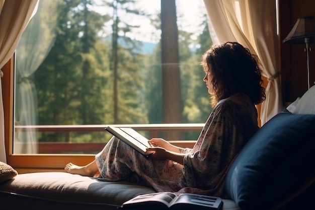 Mujer joven descansando en una hermosa casa de campo o hotel sentada en el alféizar de la ventana disfrutando de la belleza