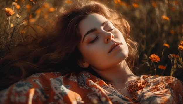 Mujer joven descansando en un prado sereno generado por IA