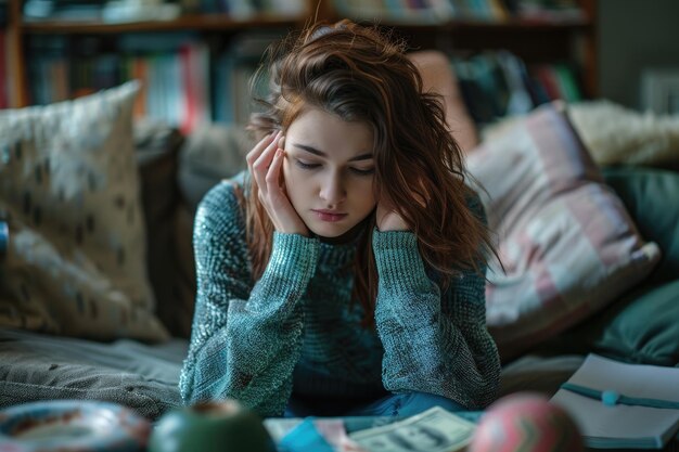 Foto mujer joven descontenta sentada en el sofá ai generativo