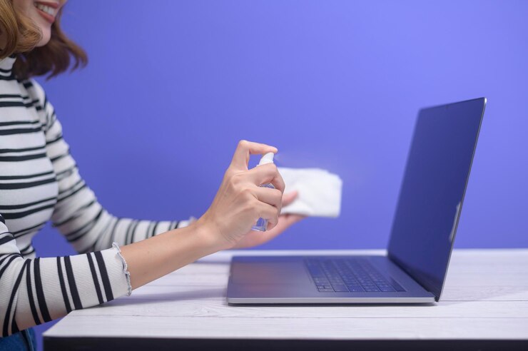 Foto mujer joven desinfectando spray de alcohol con computadora, concepto de protección covid-19.