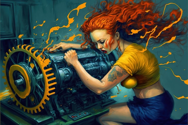 Mujer joven destruyendo por máquina futurista estilo de arte digital ilustración pintura concepto de fantasía de una mujer vs máquina futurista