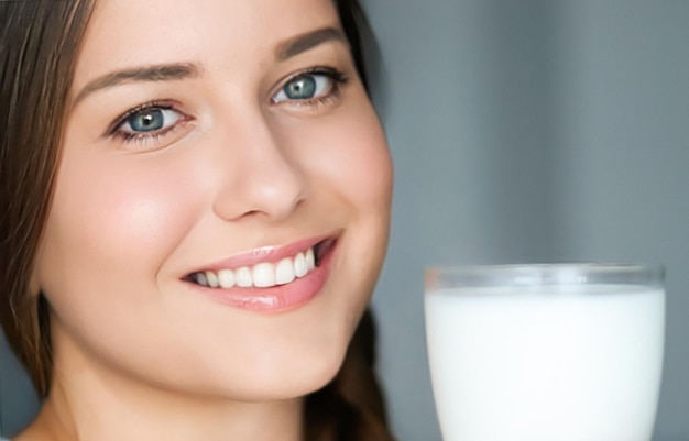 Mujer joven de dieta y bienestar con vaso de leche o cóctel de batido de proteínas