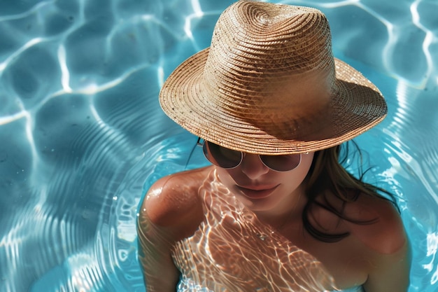 Una mujer joven disfruta de un momento de relajación en una piscina